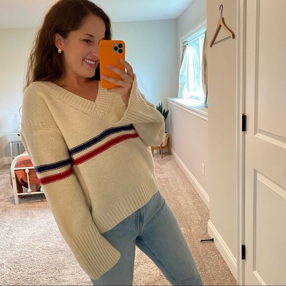 TOMORROWLAND Cream Blue Red Striped Wool V Neck Sweater Small - Picture 3 of 16